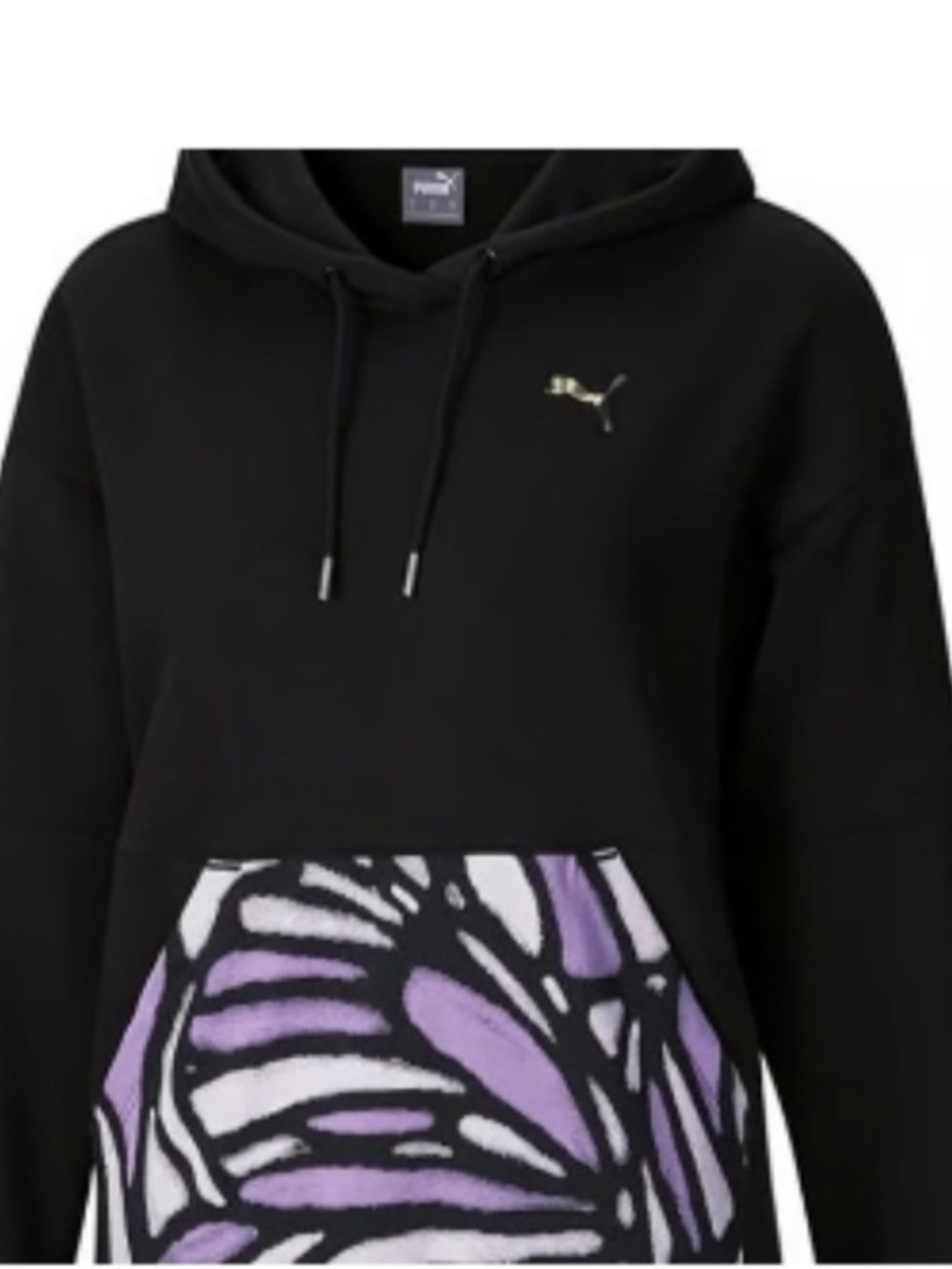 Puma Black Hoodie with Lavender Graphic Pocket and Gold Logo